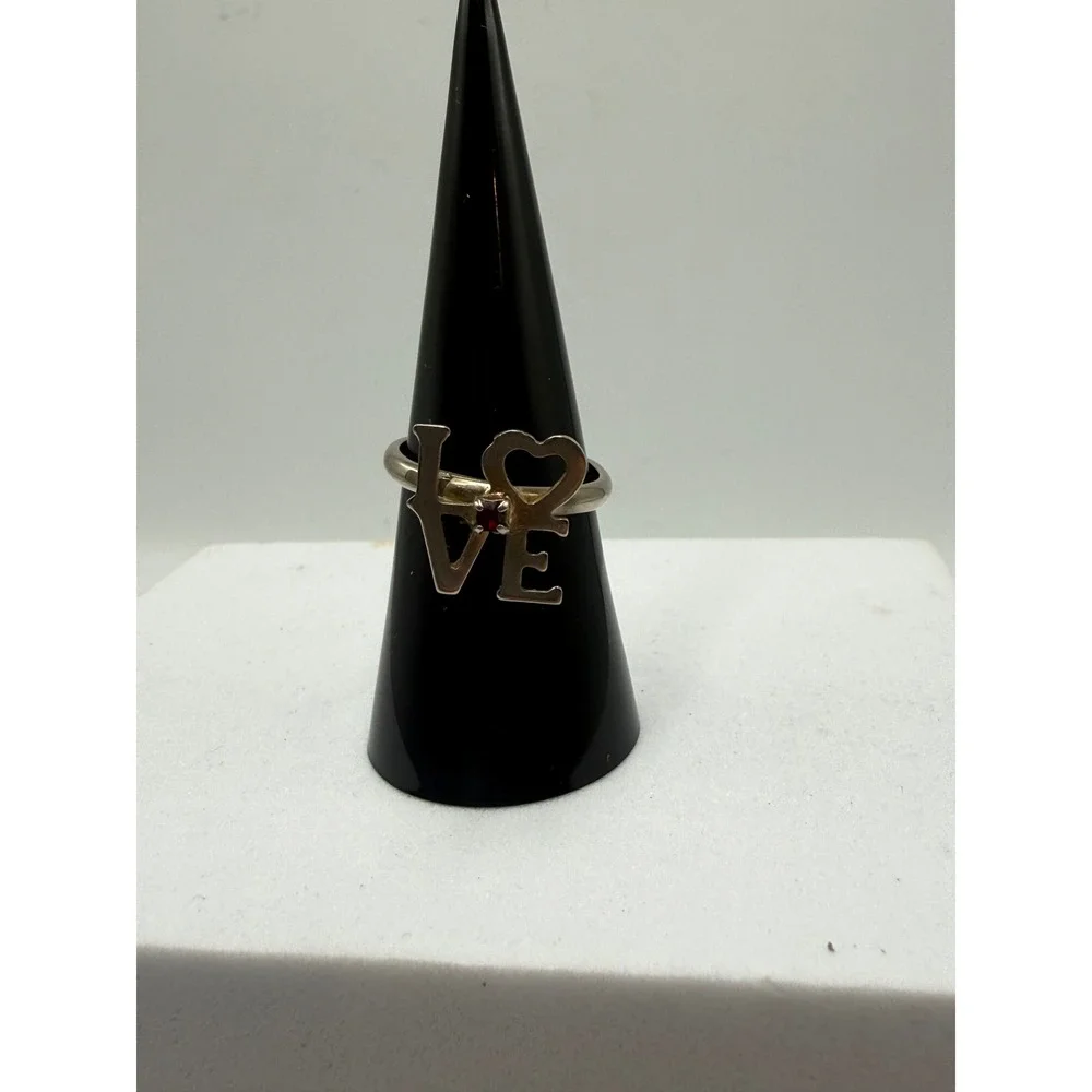 Vintage Love Script Heart Ring with Red Gemstone Silver Tone Adjustable Size 7.5